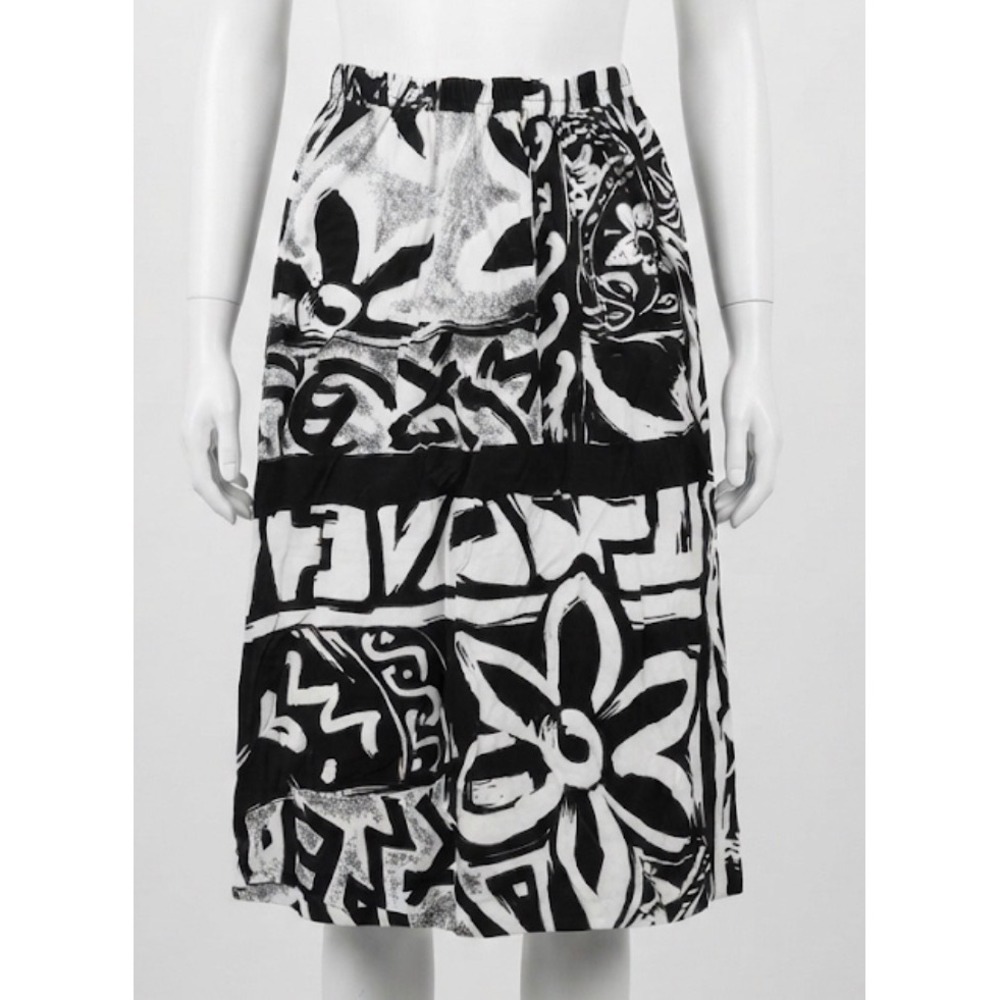 Vintage 90s Christine David Black White Abstract Print Rayon Midi Skirt Small